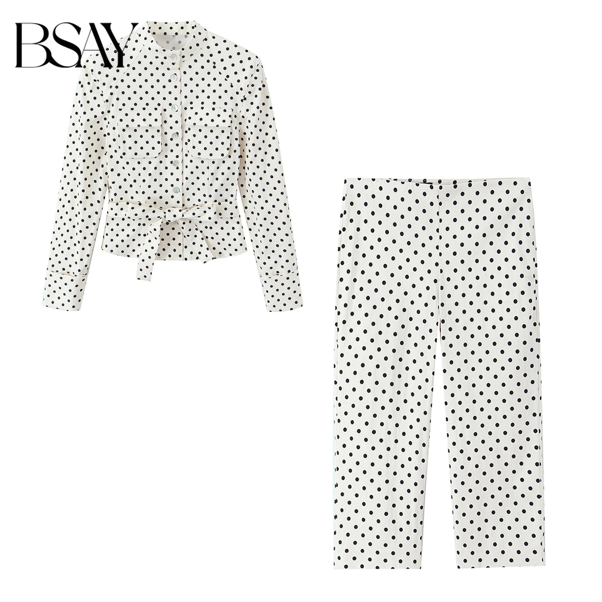 

Комплект из 2 предметов BSAY: Новинка Весны 2026 – Элегантный винтажный костюм в горошек для женщин (рубашка или прямые брюки)