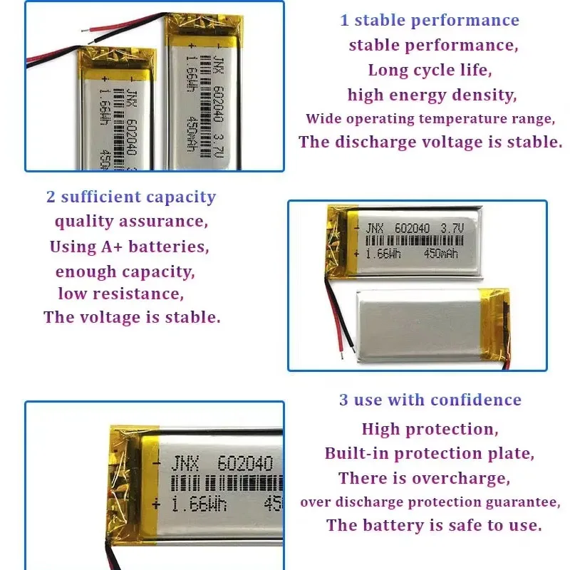 Top SELLER Hot High Quality 602040 3.7v 450mAh High Capacity Rechargeable Lithium Li-po Li-polymer Li Ion Battery