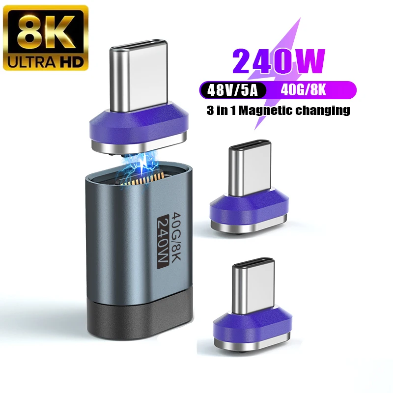 USB4.0 240W Type-C to Type-C Magnetic Adapter  24Pin Thunderbolt 4 Fast Charge Magnet Converter Cable 8K@60Hz USB-C OTG Adapter