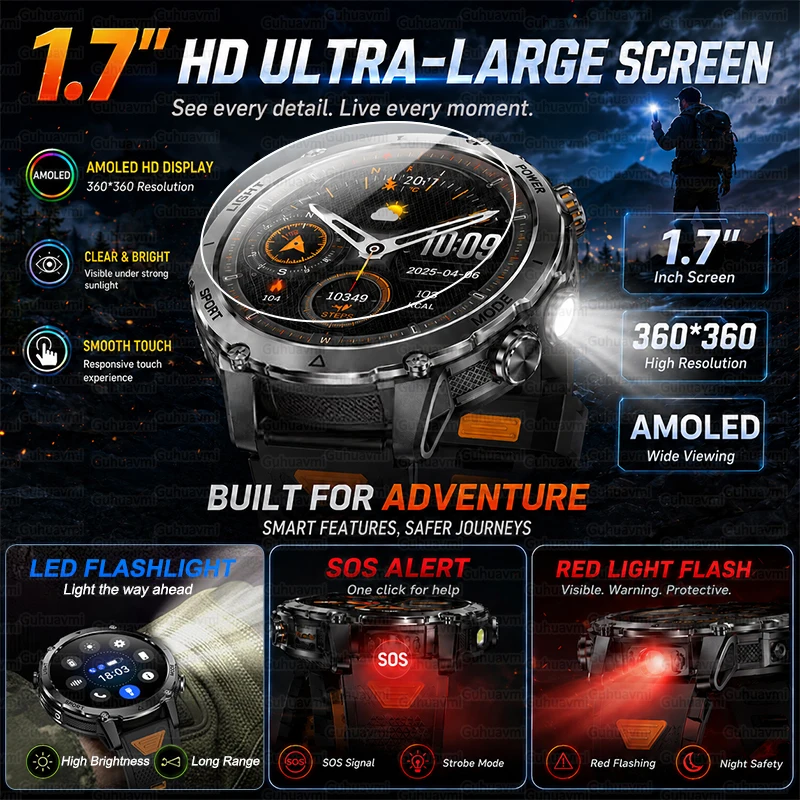 2026 New TANK Ultra 1400mAh Battery Military Smart Watch Men 10ATM Waterproof Heart Rate Tactical LED Flashlight Sports Bracelet