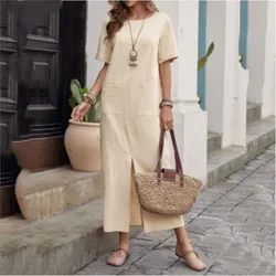Summer Fashion Cotton Linen Solid Color O Neck Short-sleeved Dress Female Casual Loose Retro Simple Pocket Women's Long Dresses
