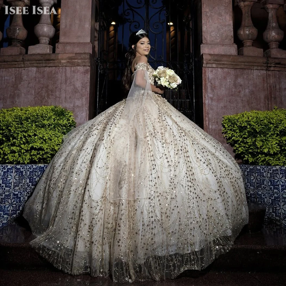 

Роскошные платья Quinceanera 15, блестящее кружевное бальное платье с аппликацией, платье de quinceañera с открытыми плечами, платье на день рождения по индивидуальному заказу