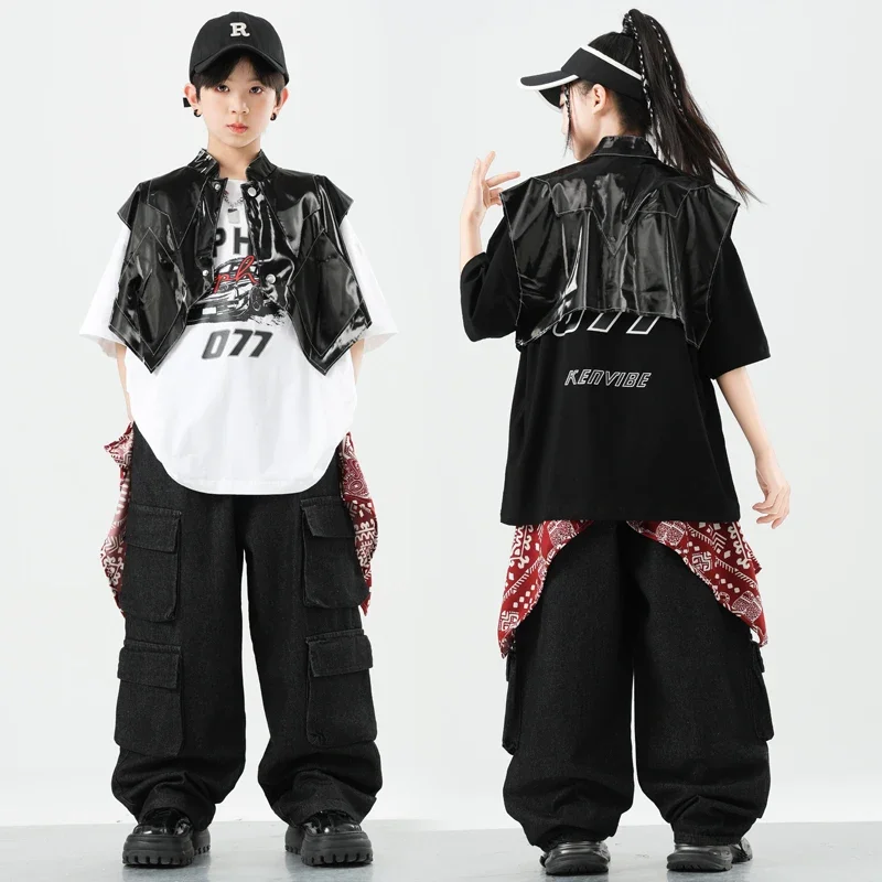 Roupas de hip hop meninos camiseta colete calças camufladas meninas legal jazz dança de rua traje crianças conjunto adolescente k-pop streetwear