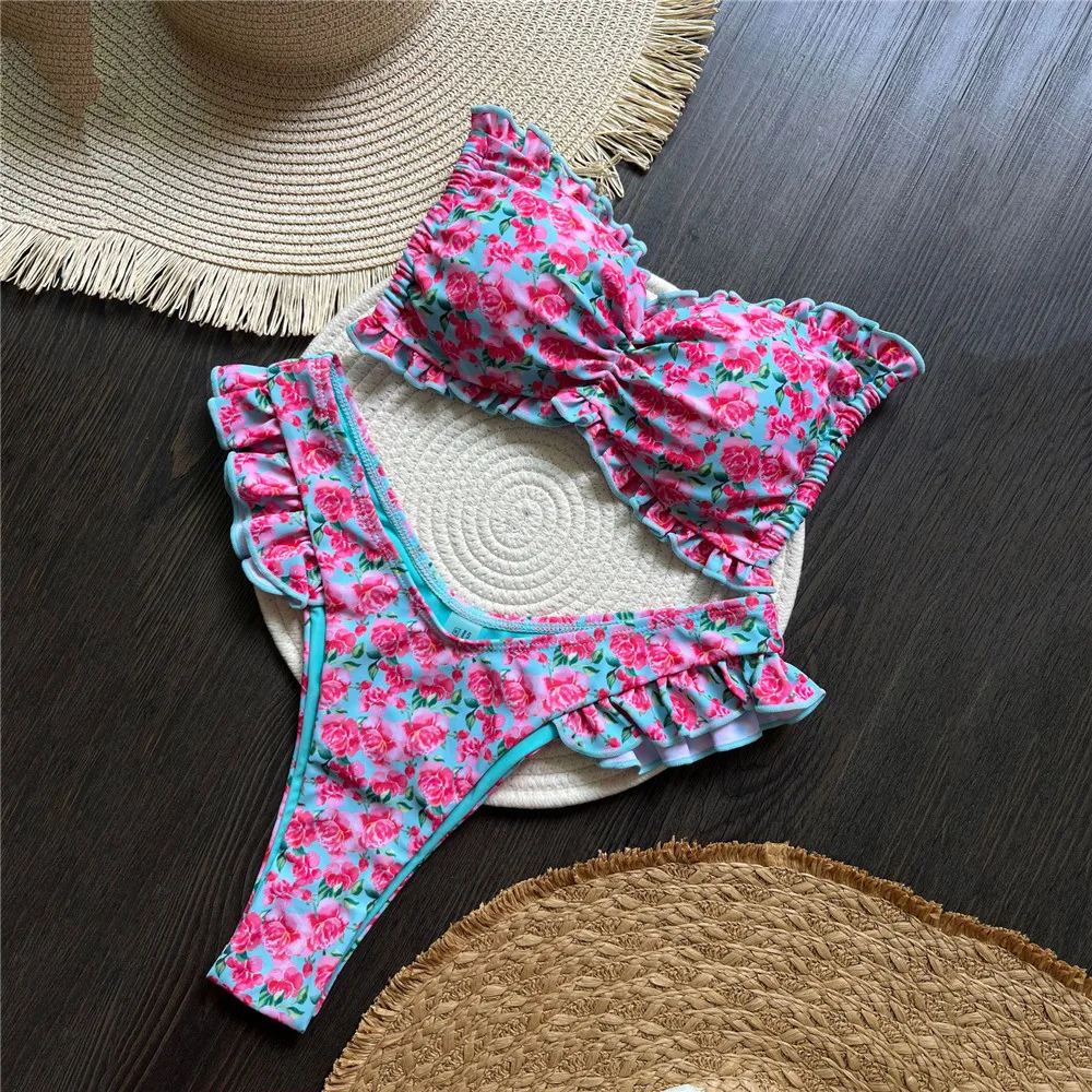 

Light Blue Pink Floral Print Bandeau Bikinis Sets Ruffled String Swimwear Sexy Swimsuit Women 2025 High Cut Bathing Suit Bikini
