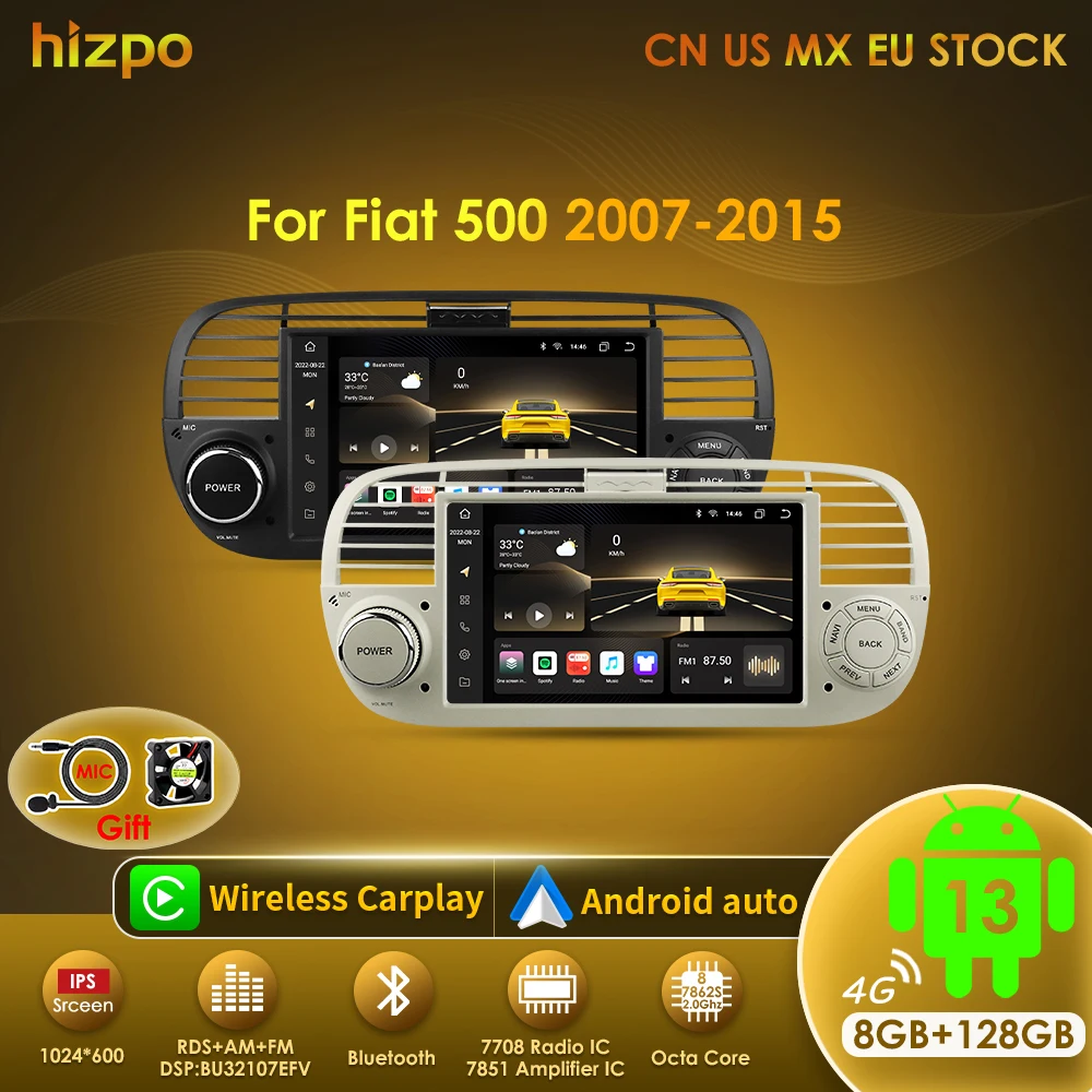 Hizpo 7\'\' Auto Radio Multimedia Für FIAT 500 2007-2015 Radio Android Auto Stereo WIFI CarPlay Audio Mp4 2 Din GPS Player 7862 4G