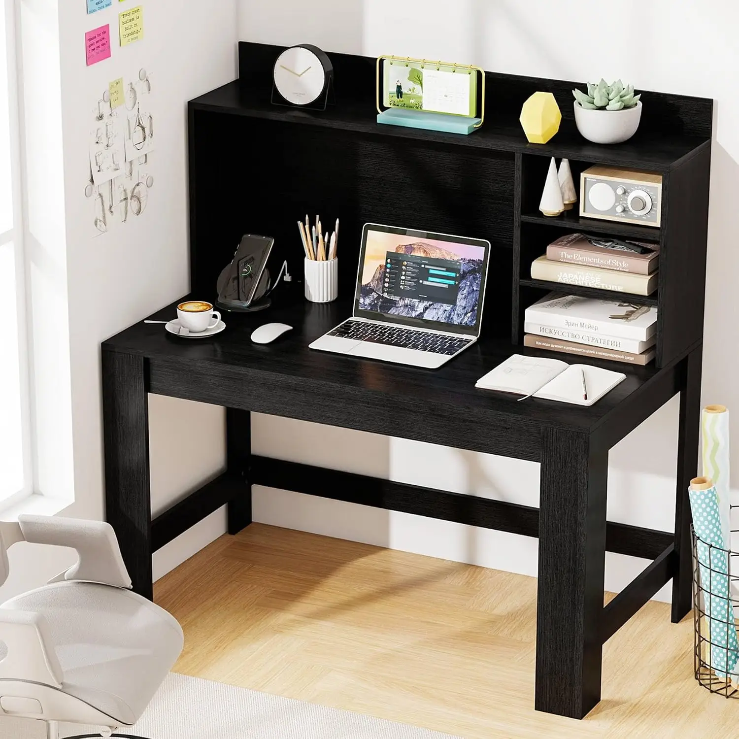 Computer Desk with Hutch & Charging Station, Storage Shelves & Cable Management, Home Office Workstation, Black, Customized