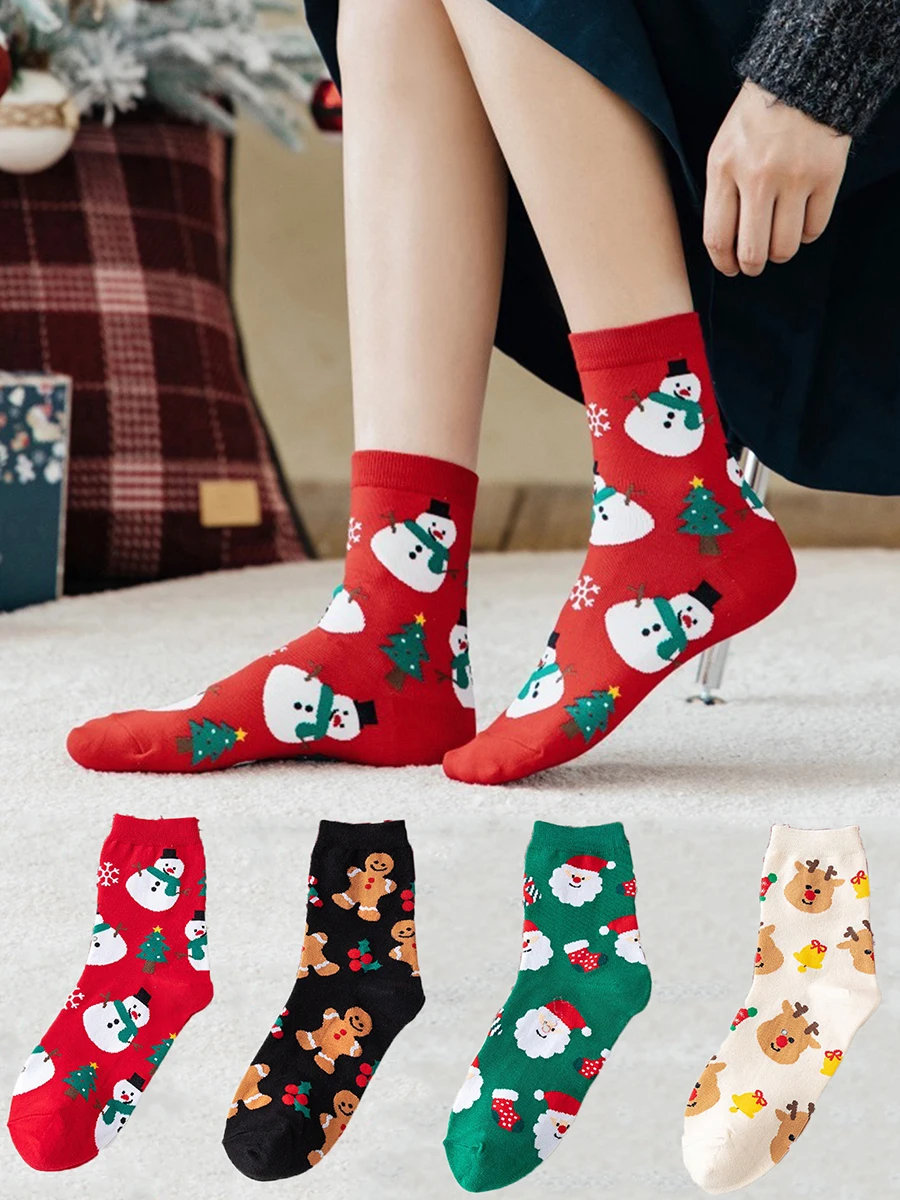 

4 пары осенне-зимних женских студенческих милых носков средней длины с принтом снеговика на Рождество