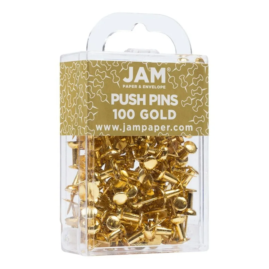 Gold Push Pins for Office and Home Use 2 Packs of 100 Reliable Metal Fasteners for Bulletin Boards Wall Displays and Craft Proj