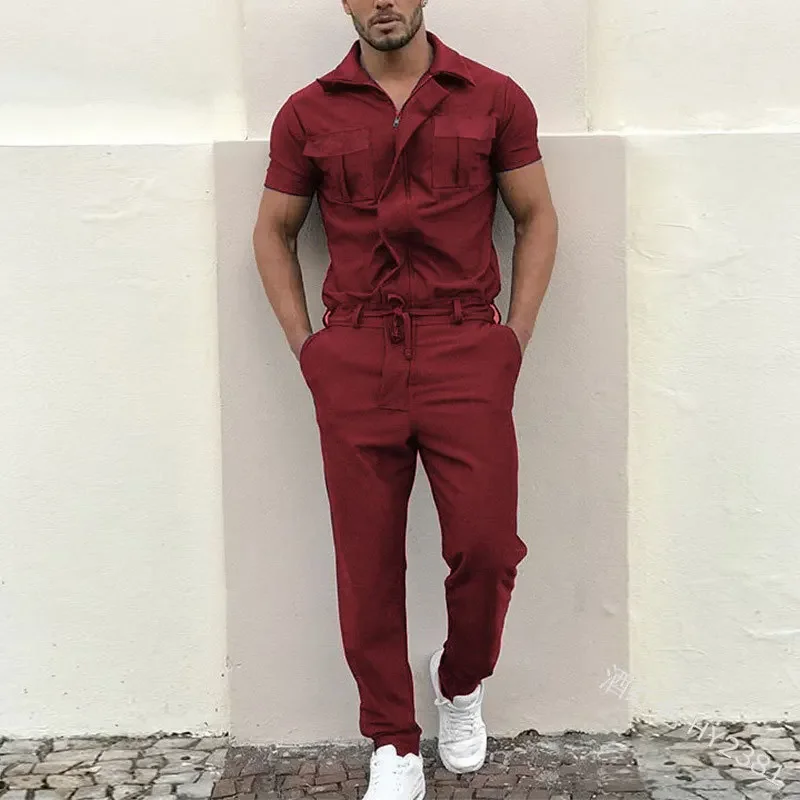 Summer Solid Color Men\'s Sets Safari Style Turndown Collar Short Sleeved Jumpsuit Zipper Casual Pants