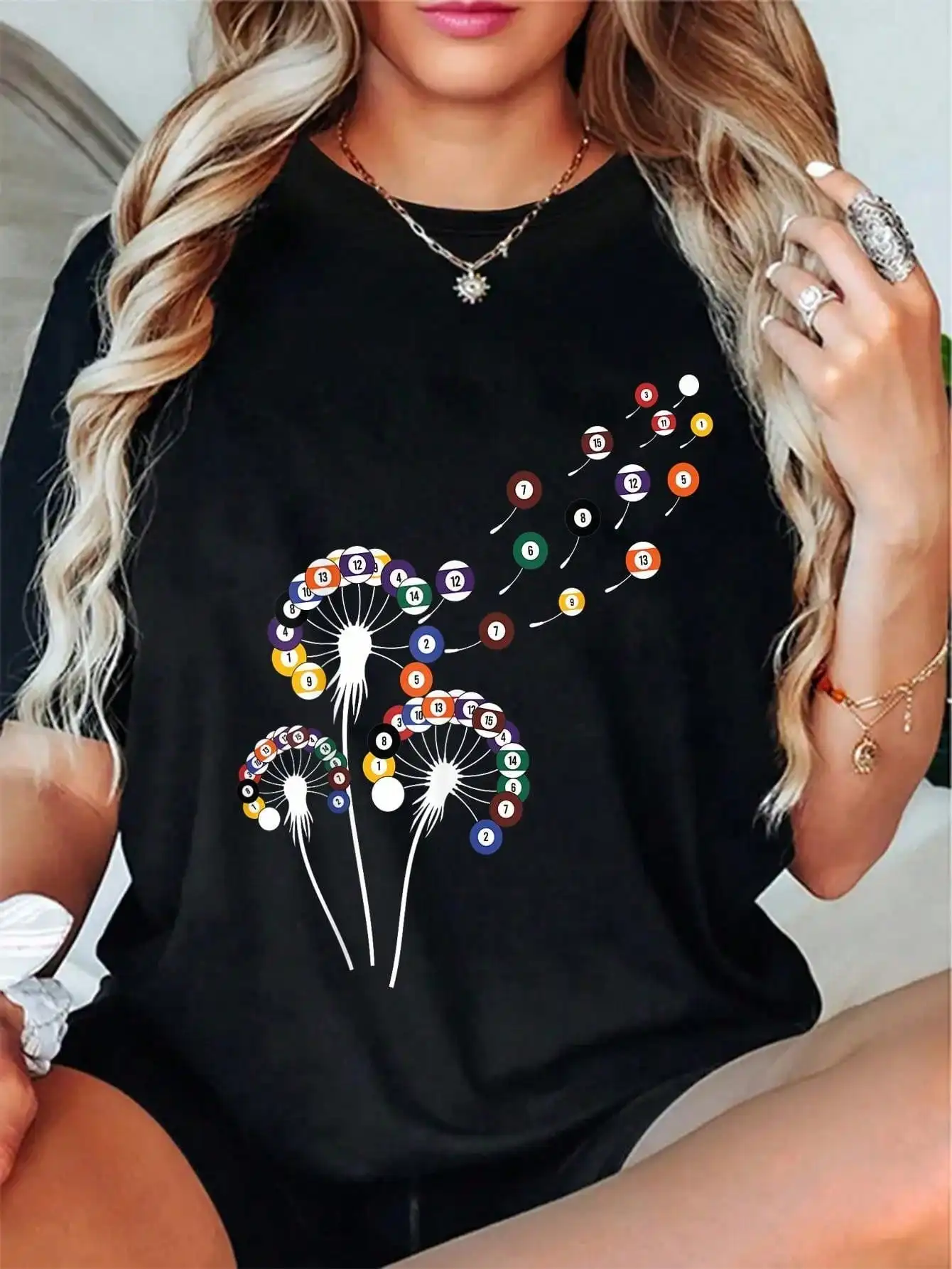 

Women's 100% Billiards Graphic T-Shirt – Casual Crew Neck, Short Sleeve, Black Dandelion & Pool Cue Design, Machine Washable