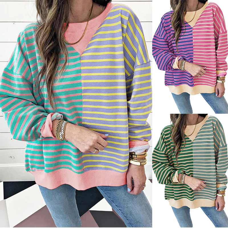 Casual Stripe Long Sleeve Sweatshirt Colorblock Patchwork Crewneck Sweatshirt Hooded Oversize Cozy Sweatshirt Women Lite Top