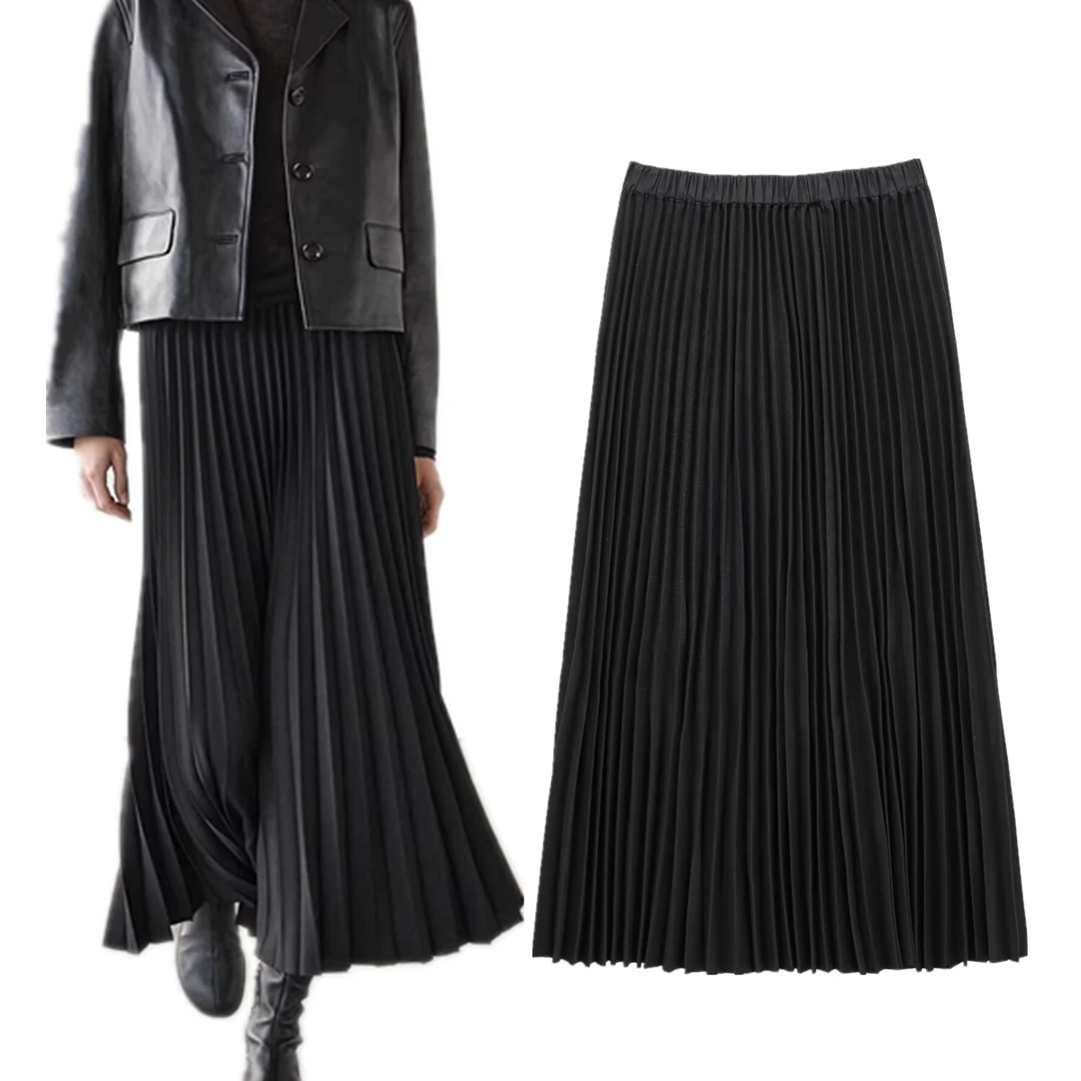 

Maxdutti Fashion Office Ladies Pleated Skirts Women Minimalist And Elegant Black Midi Skirts Faldas Mujer Moda 2025