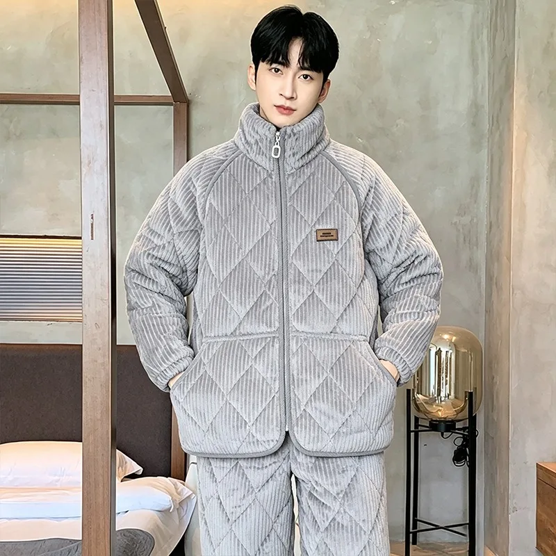 Winter Flannel Pajama Set For Men Simple Thickened Coral Fleece Three Layer Warm Casual Zipper Cardigan Two-Piece Homewear Suit