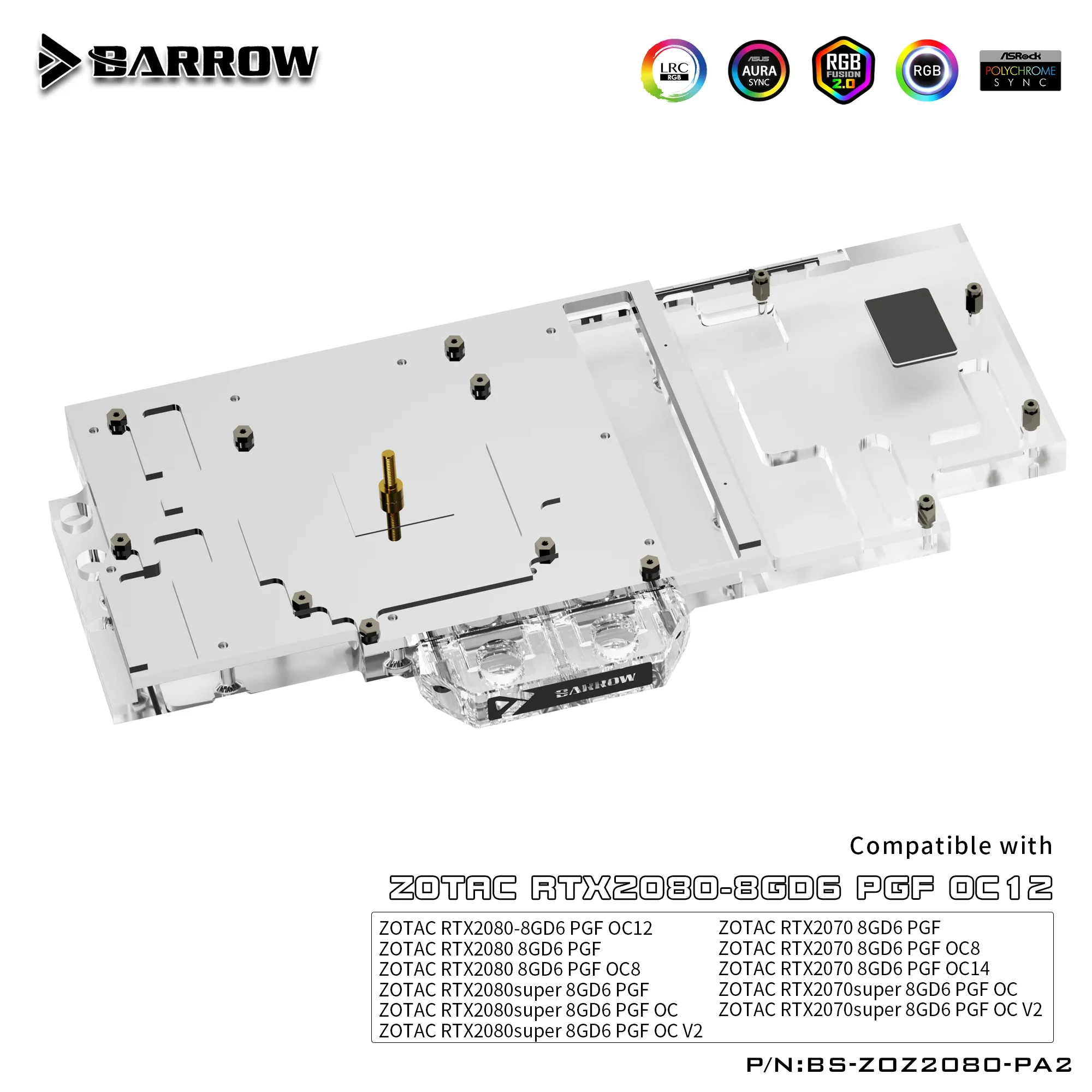 استخدام كتلة المياه BARROW لـ ZOTAC RTX 2080 / 2070 8GD6 AMP / PGF Extreme OC اللوحة الخلفية الأصلية، BS-ZOZ2080-PA2
