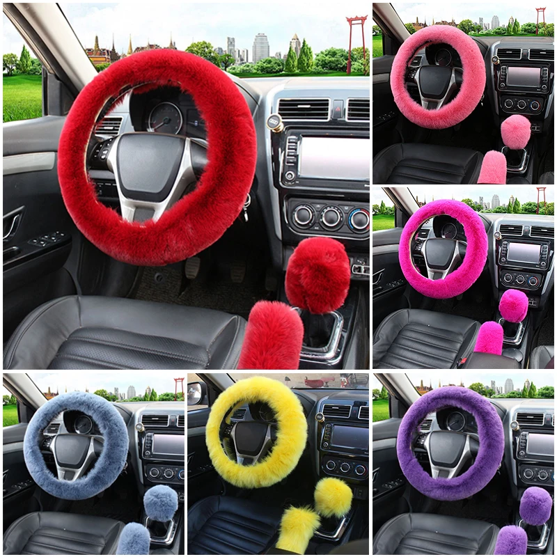 Car Accessories Interior Steering Wheel Cover Soft Artificial Rabbit Fur Warm Winter Heating Handbrake Shift Cover 3Pcs/set