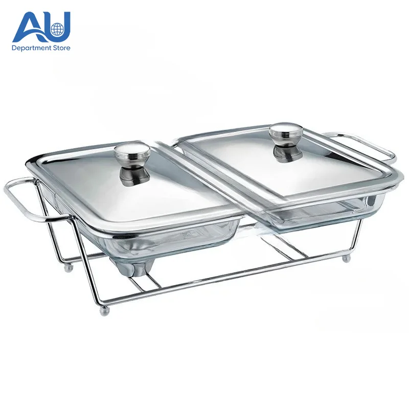 Rectangular Glass Buffet Stove Single/Double/Triple-Compartment Food Warmer Container Hot Pot Alcohol Stove