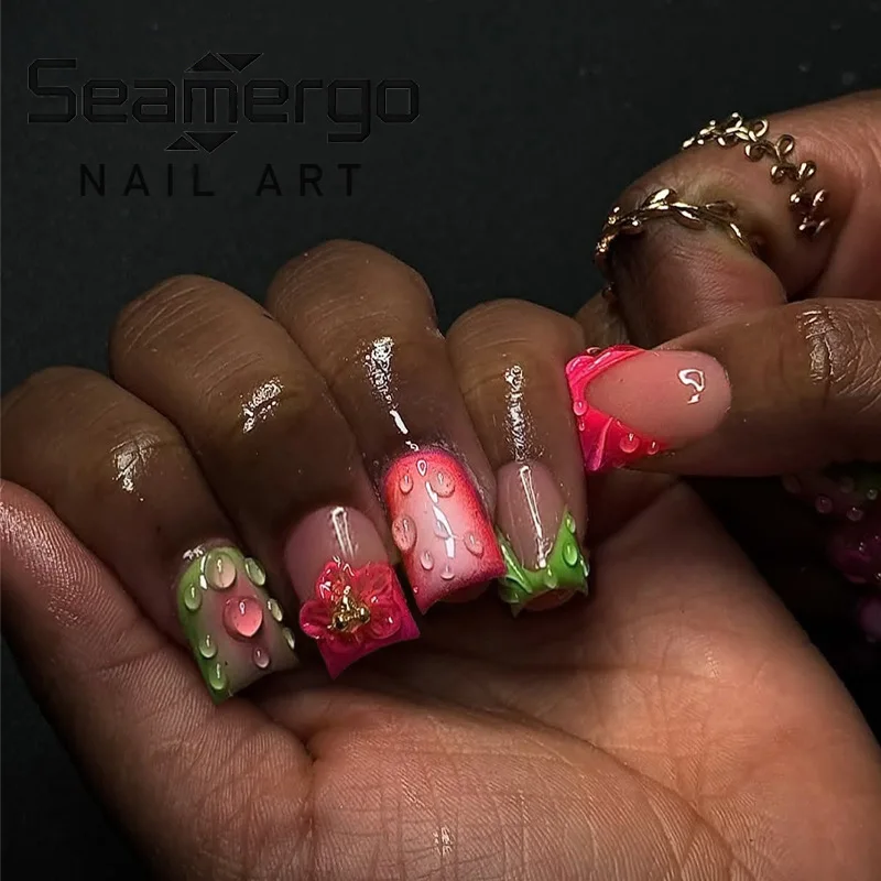 

24PCS Tropical 3D Flowers Duck Flare Press on Nails Red French Green Blush False Nails Wearable Duckbill Fake Nails for Women