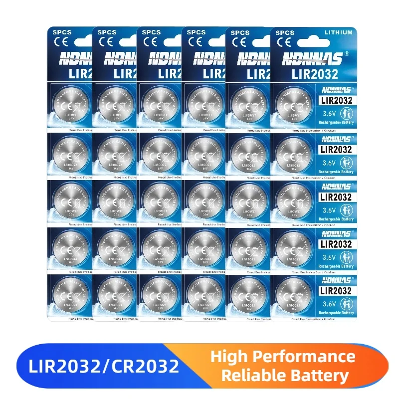 LIR2032 CR2032 Wiederaufladbare Batterie, kann aufgeladen werden, 3,6V wiederaufladbare Lithium-Ionen-Batterie, 40mAh Lithium-Knopfzellenbatterie für Uhren