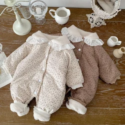 Winter Baby Girl Thicken Warm Clothing Infant Baby Girls Flower Printed Lace Stitching Plush Jumpsuit Toddler Baby Thick Romper