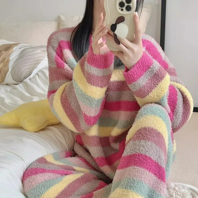 Thickened Rainbow Striped Coral Velvet Pajama for Woman 2024 New Net Red Cute Foreign Style Home Wear Warm Suit Comfortable