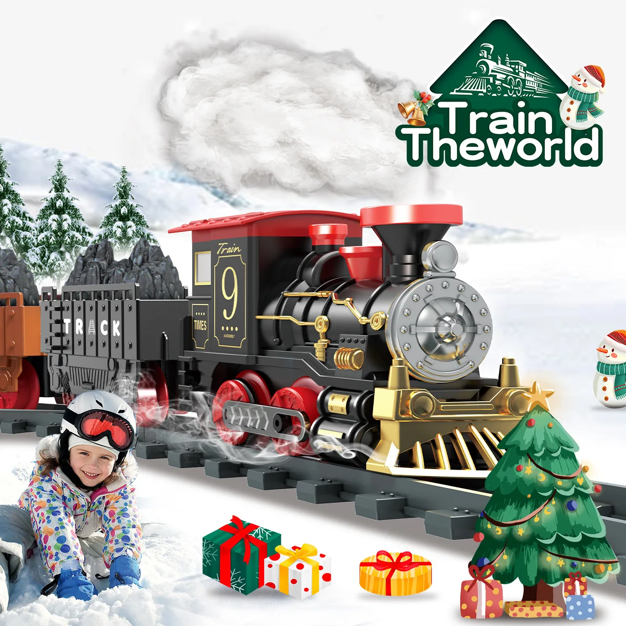 Electric classical steam spray train, light music rail car, children's toy train