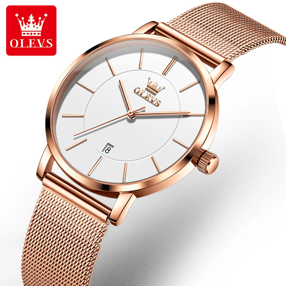 

OLEVS 5869 Новые кварцевые часы для женщин, ультратонкие 6,5 мм, простой модный календарь, водонепроницаемый сетчатый стальной ремешок, элегантные женские часы