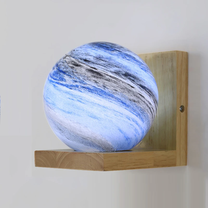 

Modern Wooden Wall Lamp with Colorful Planet Glass Lampshade E27 LED Bedroom Living Room Study Children Wall Mount Light AC220V