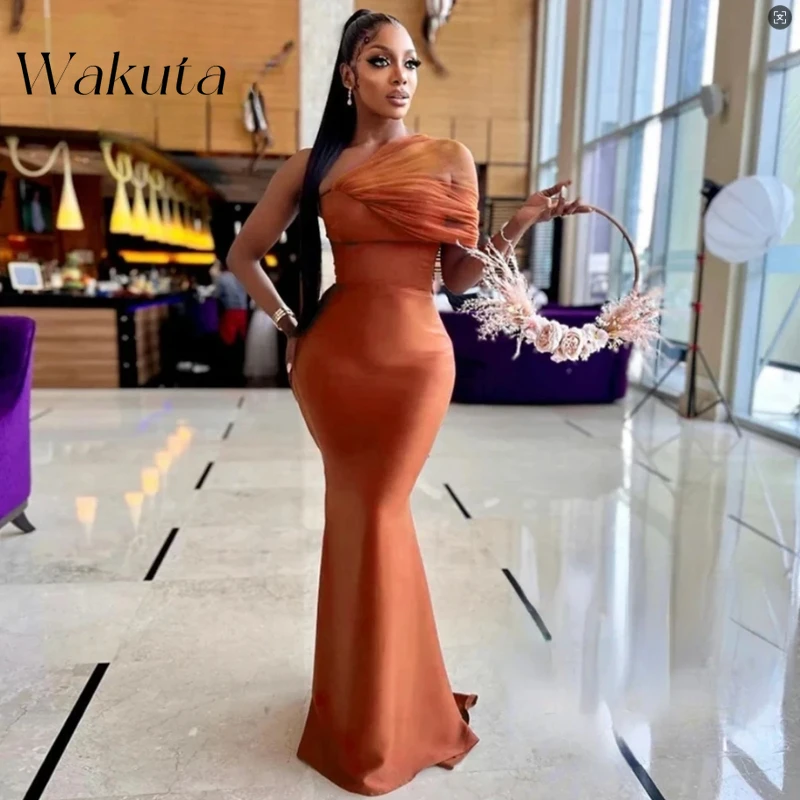 Wakuta Brown Mermaid Bridesmaid Dress One Shoulder Tulle Strap Satin Bride Maids Gown Robe Demoiselle D Honneur Femme ชุดงานพรอม