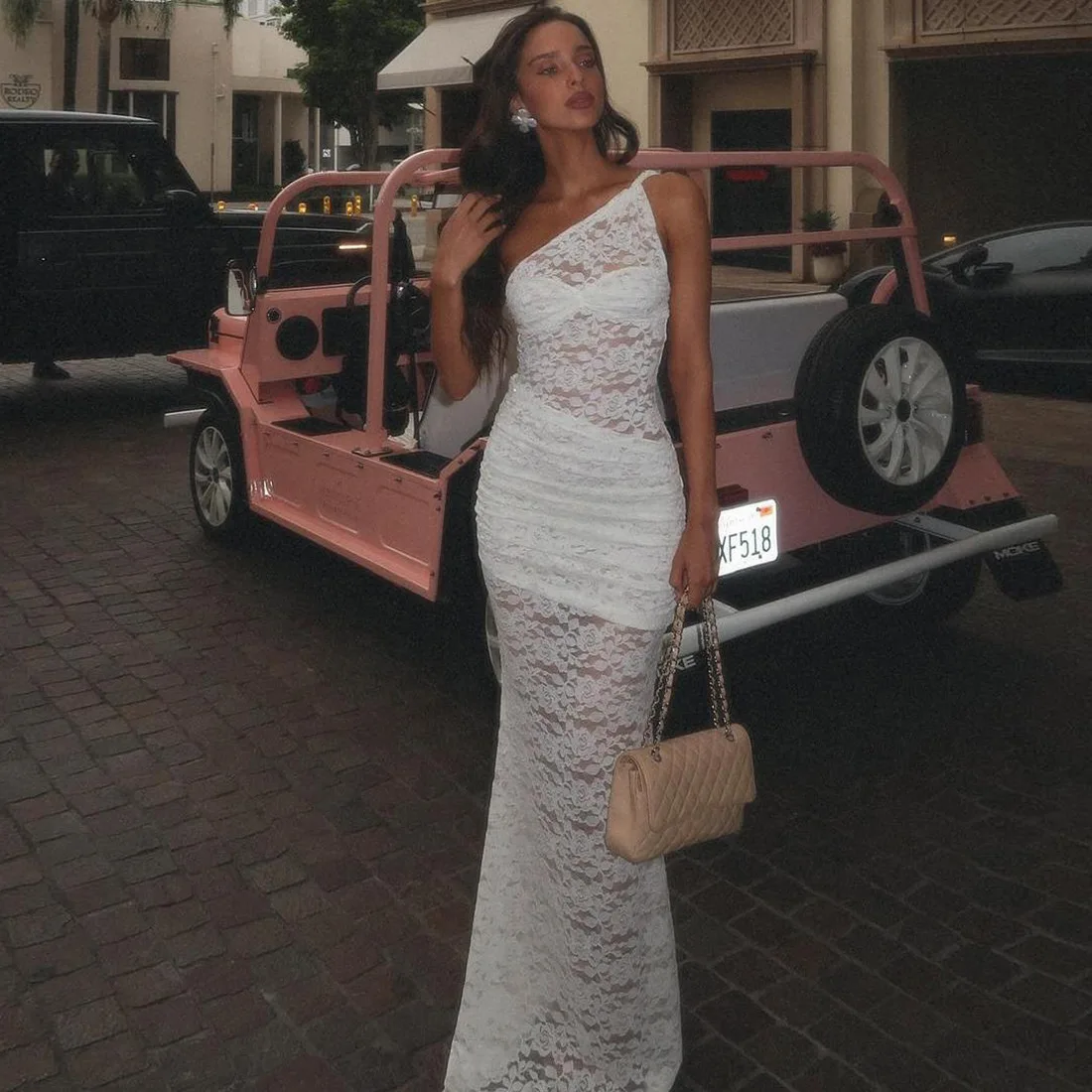 Wholesale Women's Clothing 2025 Summer New Lace See-Through Cut-out Slim Slanted Shoulder Backless Dress For Women