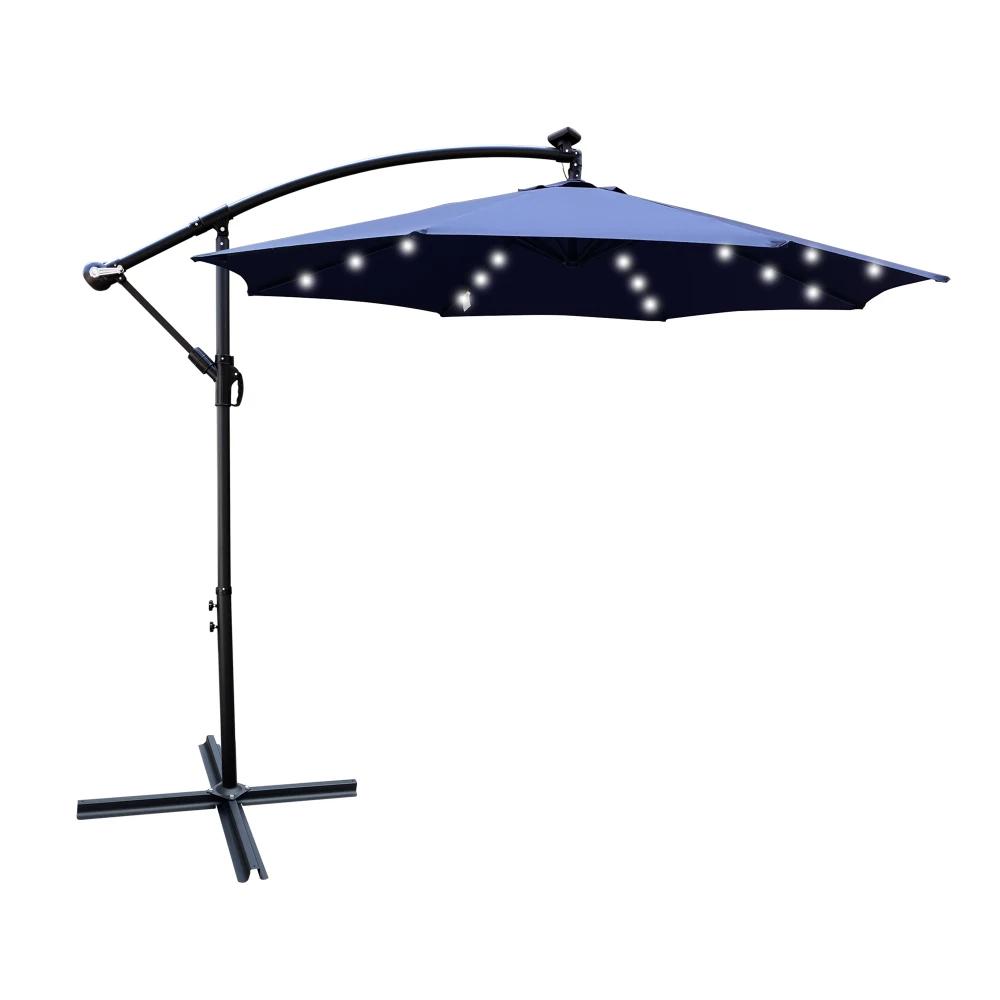 

10 ft Outdoor Patio Umbrella Solar Powered LED Lighted Sun Shade Market Waterproof 8 Ribs Umbrella with Crank and Cross Base