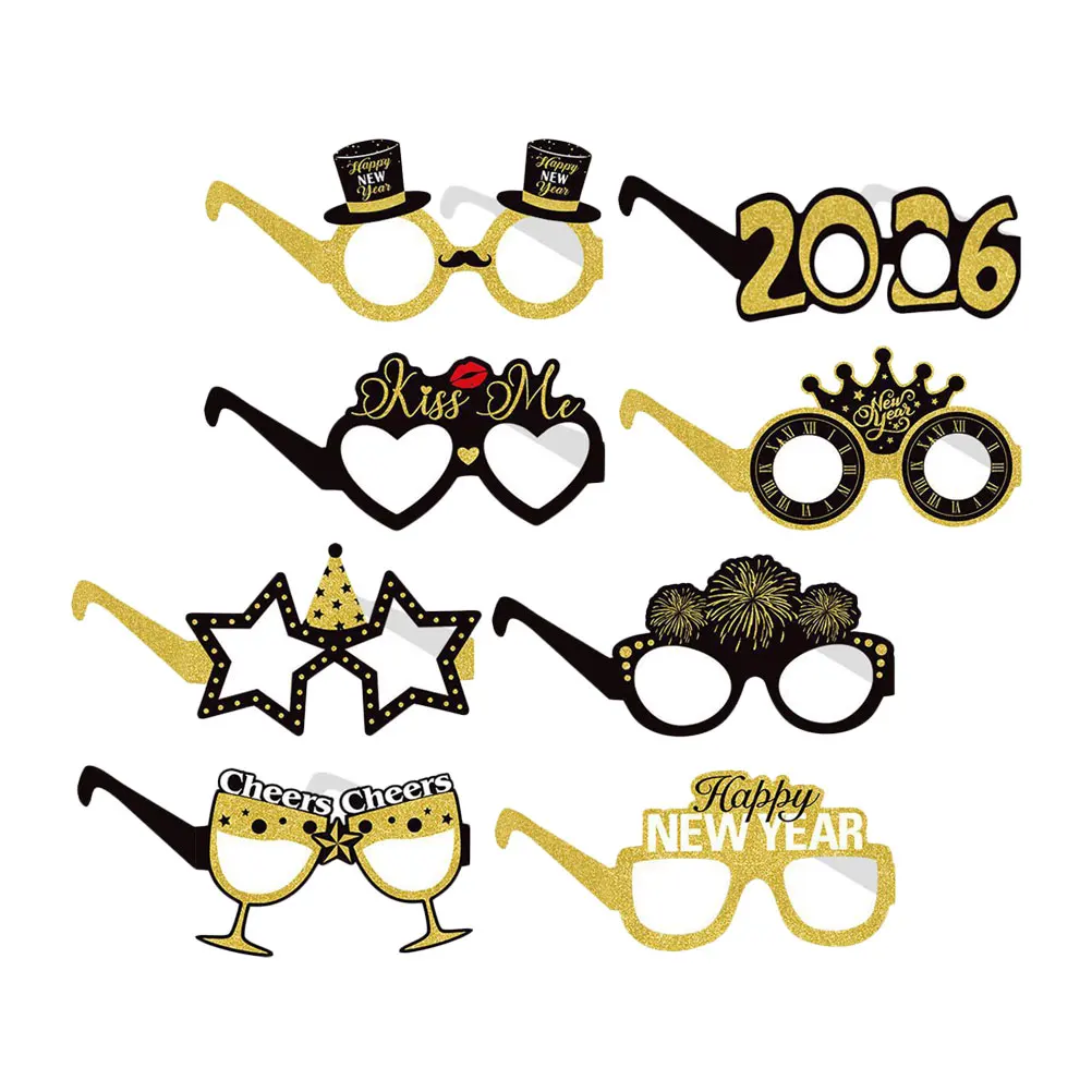 8 قطعة 2026 عدد النظارات ورقة النظارات الإطار سنة جديدة سعيدة ليلة نظارات 2026 السنة الجديدة النظارات كابينة تصوير الدعائم
