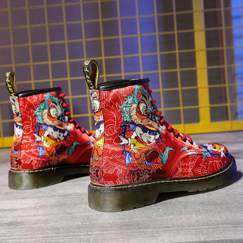 Chinese style [Kirin] printed red boots eight holes can not kick rotten canvas short boots men's national fashion tall work boot