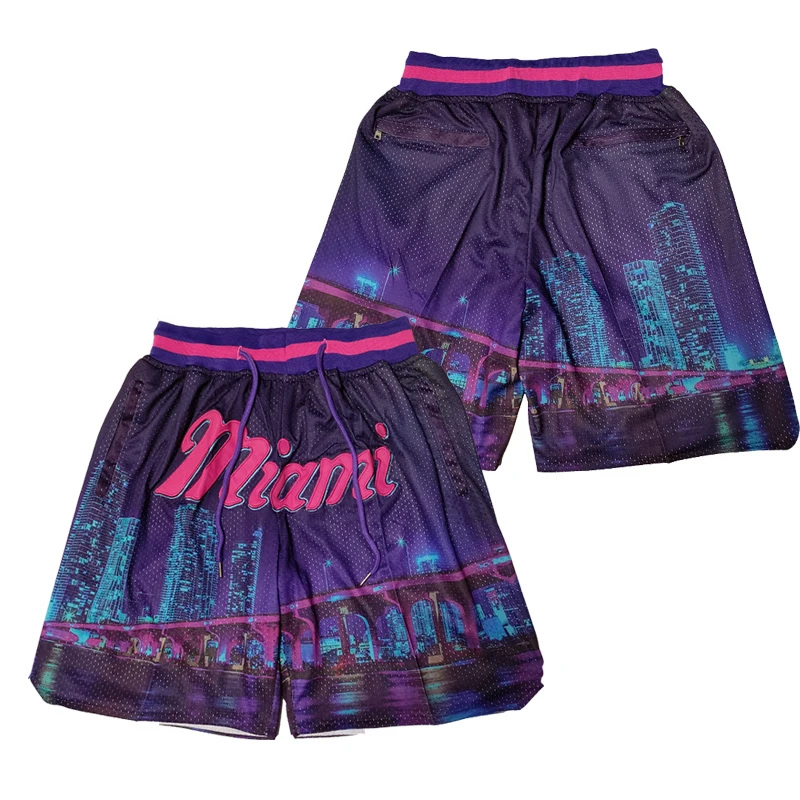 

Basketball Shorts Miami Night Elastic drawstring waistband Embroidery Outdoor Sport Shorts Beach Pants Four Pocket Purple New