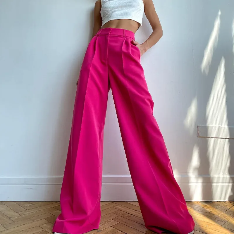 Pantalones de traje de pierna ancha de cintura alta para mujer, pantalones largos ajustados, cómodos y elegantes, Color sólido, moda de primavera y verano