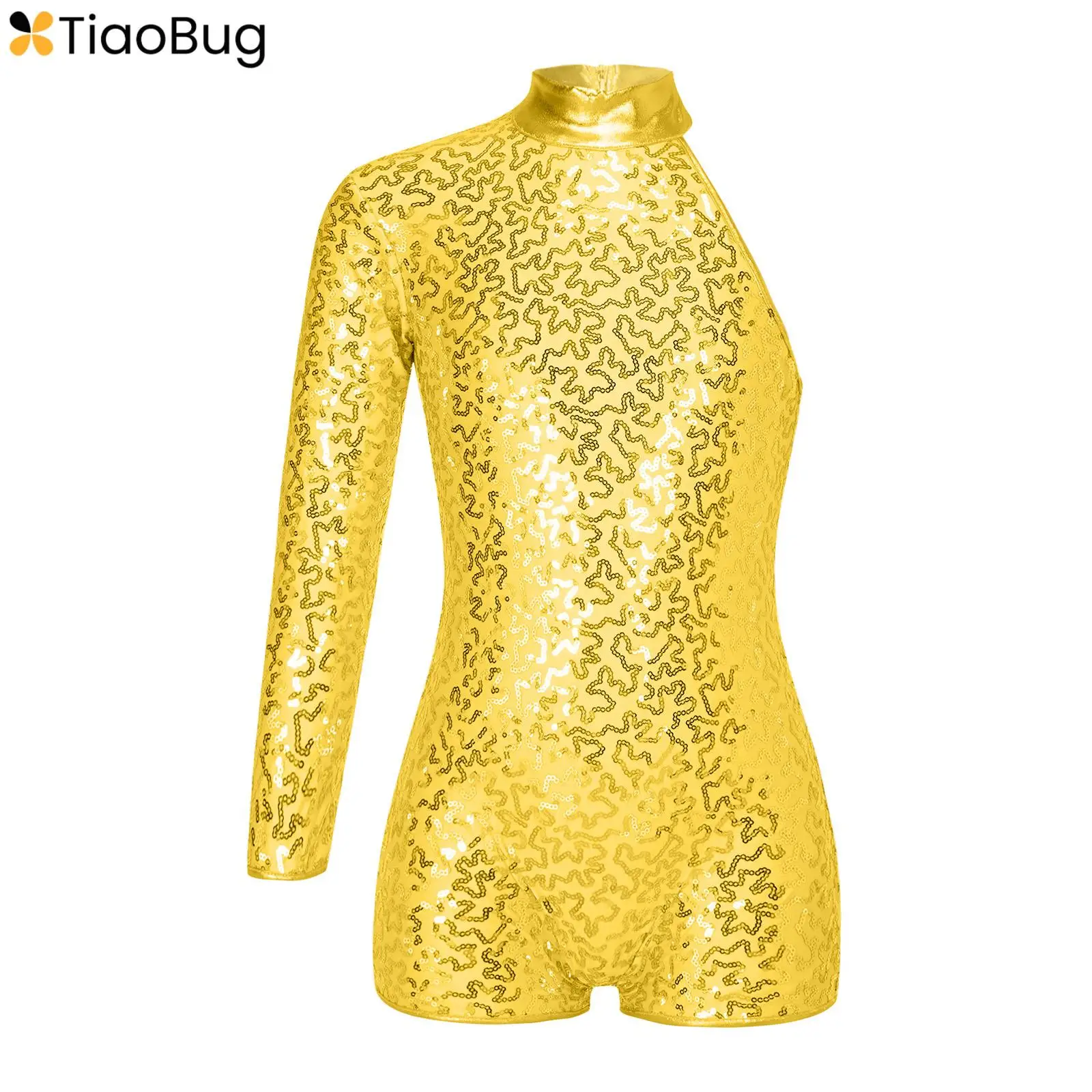 

Kids Girls Sequin Shiny Jazz Ballet Dance Leotards Gymnastics Unitard One Shoulder Long Sleeve Biketard Bodysuit Jumpsuit