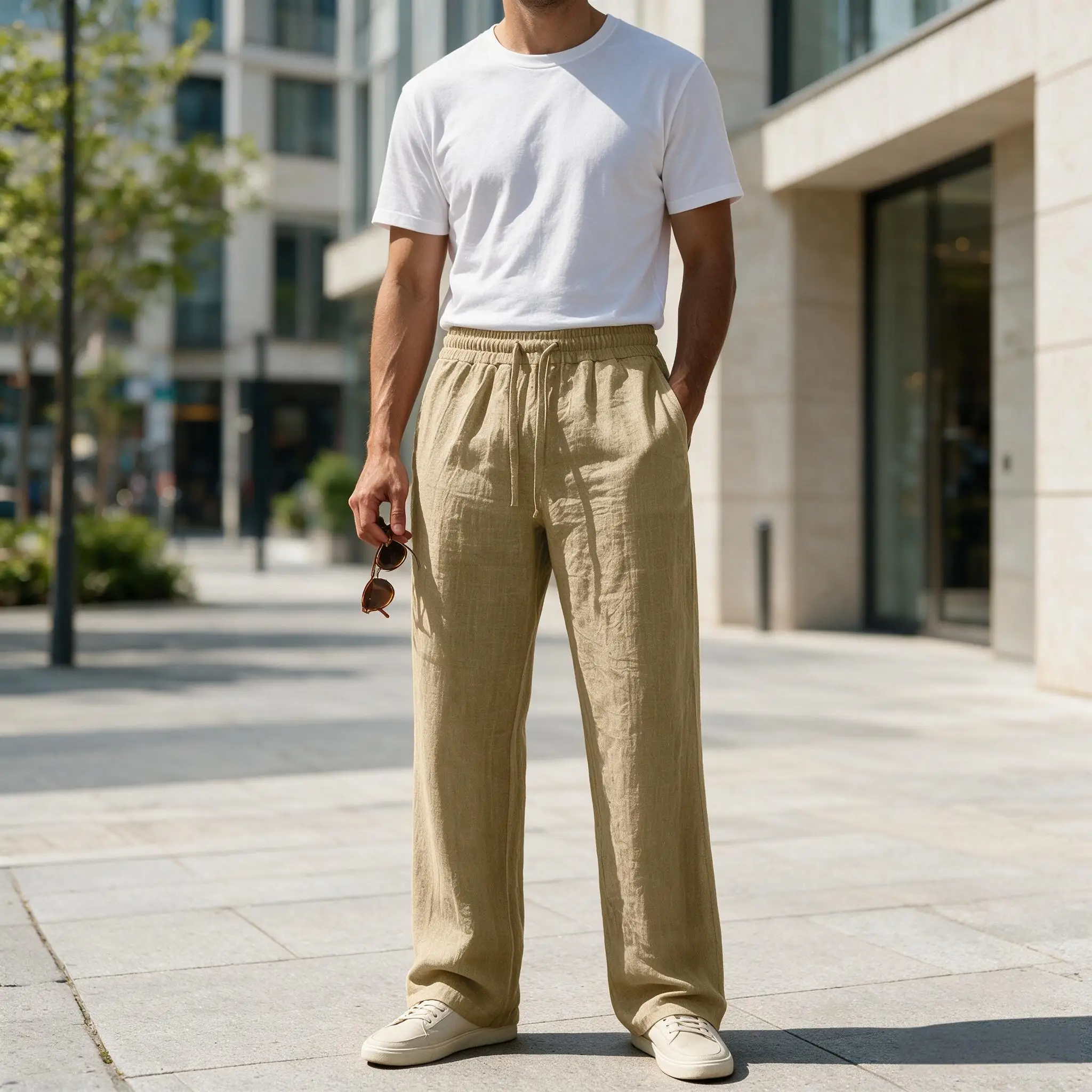 Men Linen Pants Elastic Waist Drawstring Loose Straight Leg Breathable Casual Beach Vacation Travel Street Daily Trousers