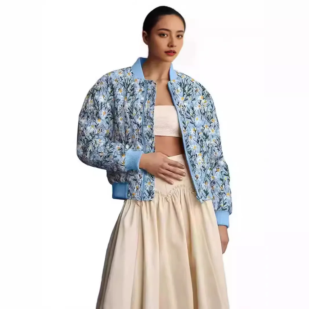 Fall/Winter Daisies Printed Denim Pouch Zip Short Sleeve Flight Jacket Cotton Coat