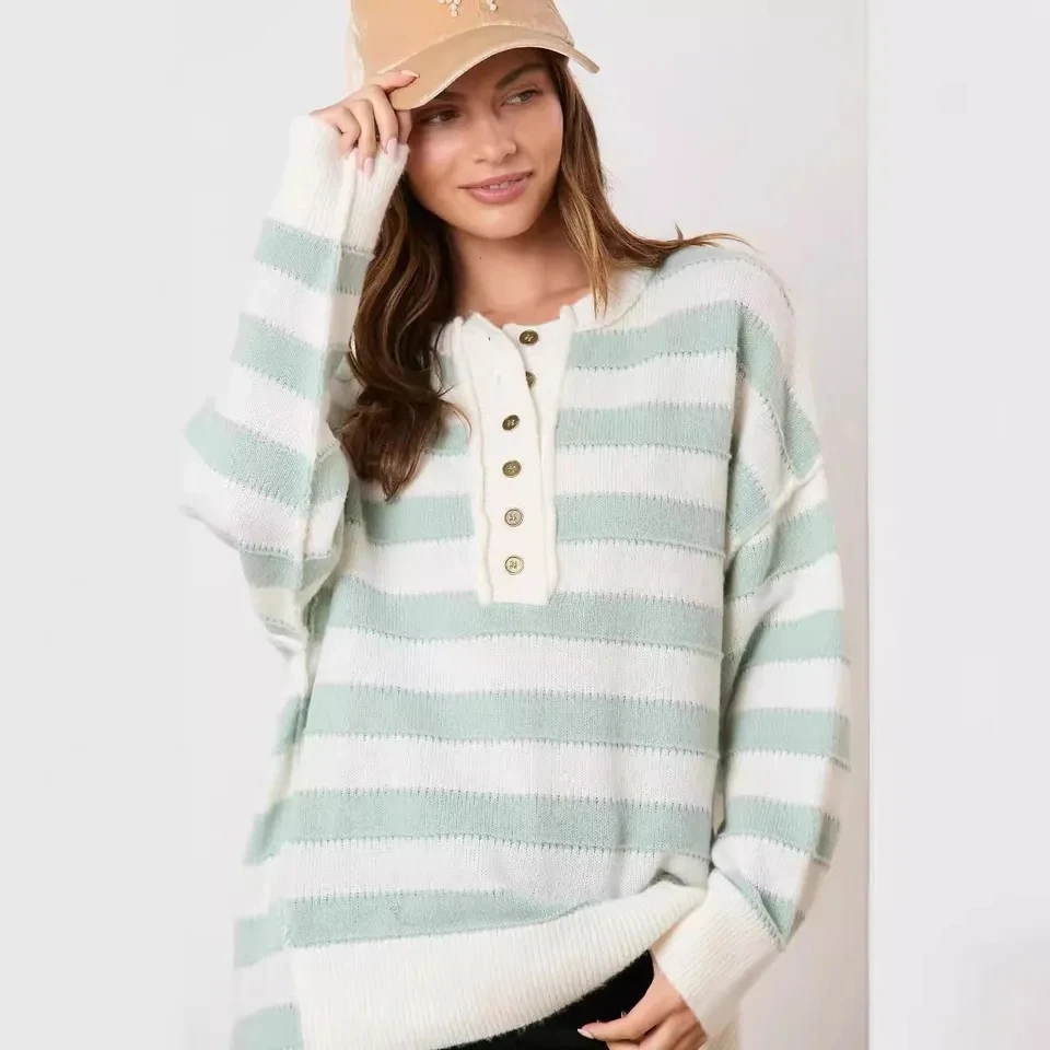 

Sudadera Pullover Sweter Damski Round Neck Button Striped Long Sleeve Loose Fashion Pullover Sweater Fall Clothes Women Ladies