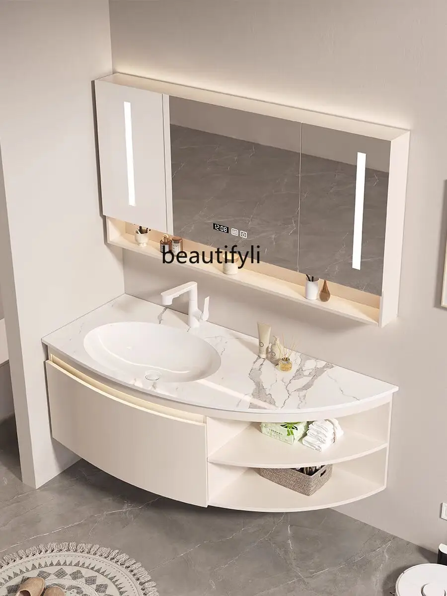 Stone Plate Seamless Ceramic Basin Arc Bathroom Cabinet Combination Simple Side Grid Washbasin Cabinet Oak