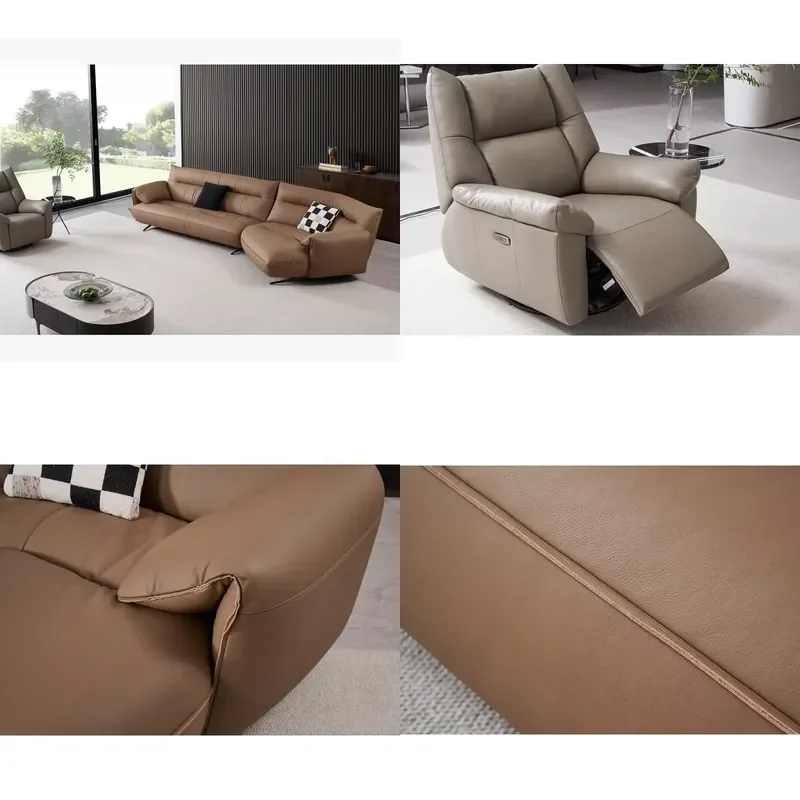 Italian Minimalist Curved Corner Top Grain Leather Sofa L Shape Genuine Leather Couch Villa Living Room Furniture