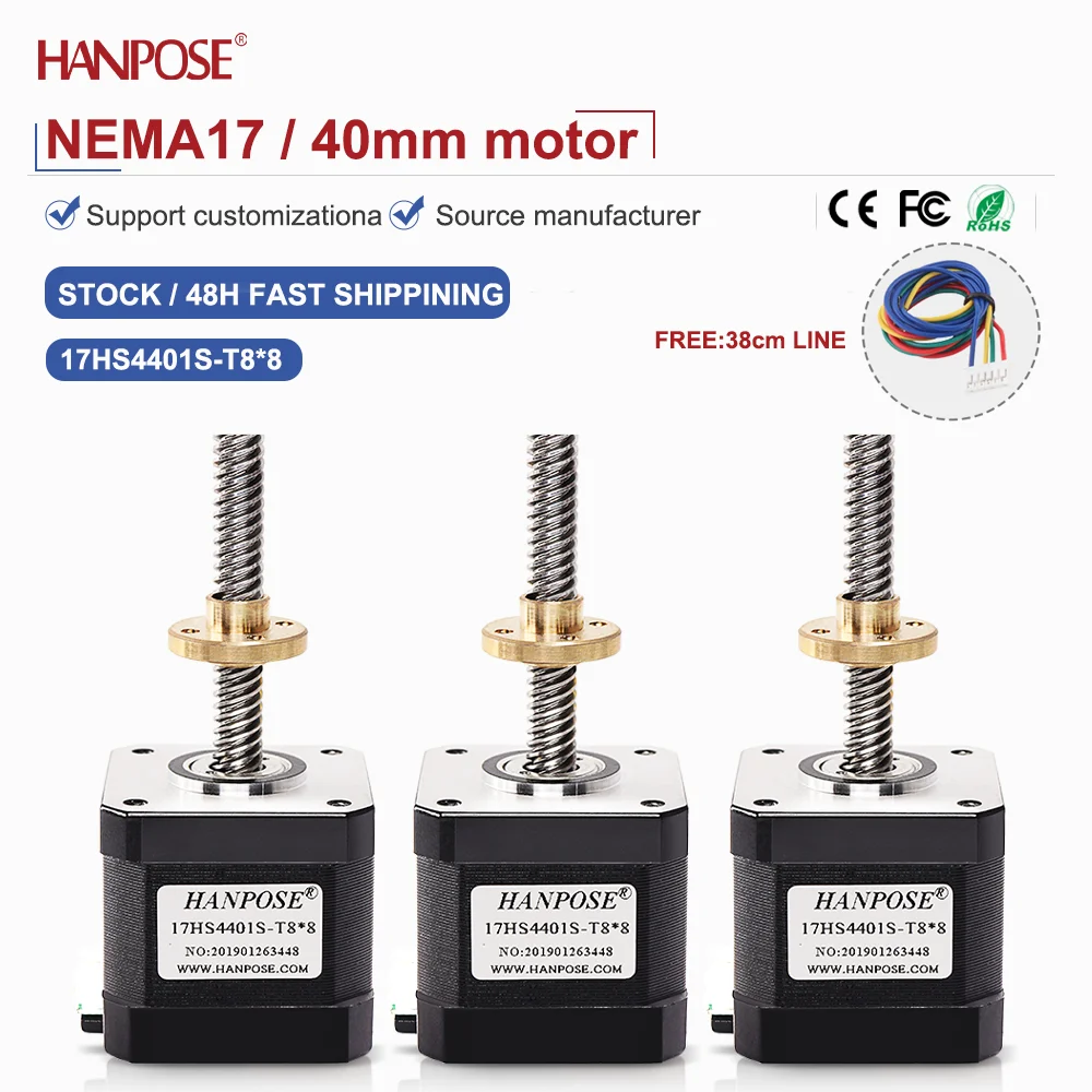 

3PCS NEMA17 output screw stepper motor 17HS4401S-T8 * 8 1.5A 100-400mm two-phase four wire automation equipment