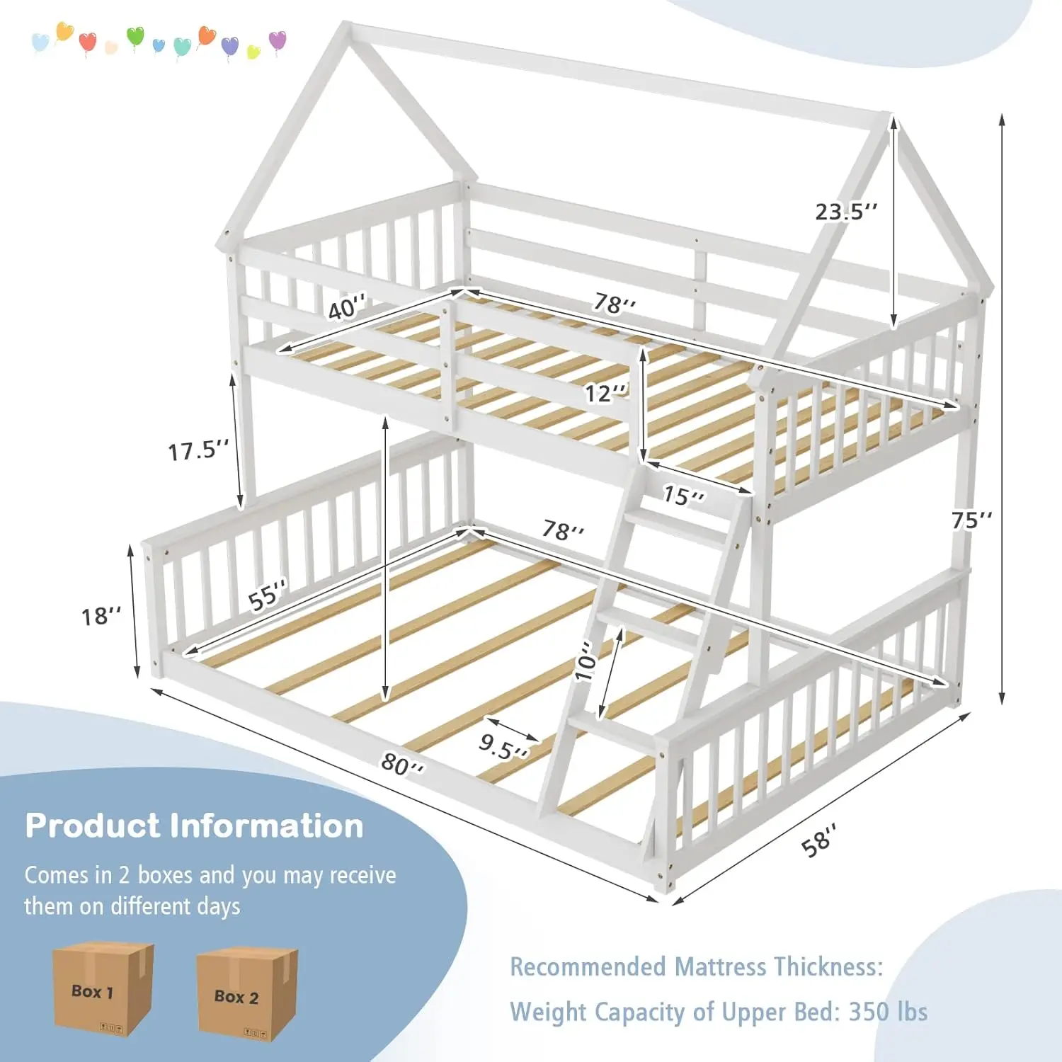 Wood Twin Over Full House Bunk Bed with Built in Ladder, Solid Pine Wood Bunk Bed Frame with Safety Guardrails, House