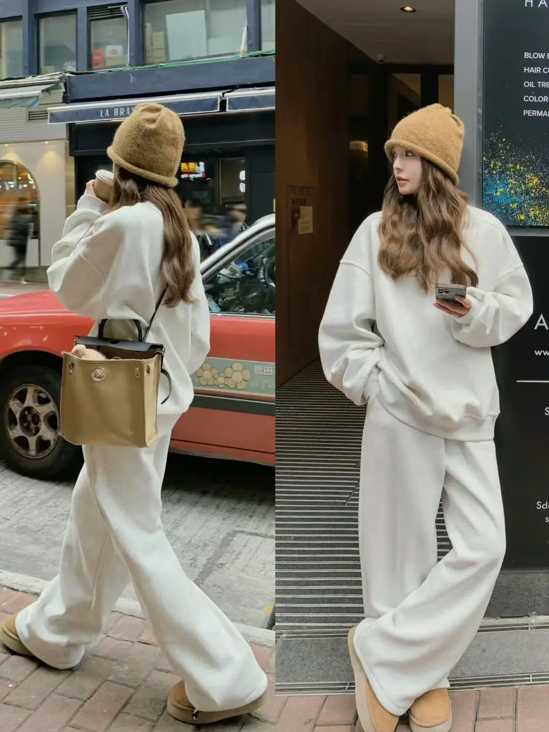 

Hong Kong Style Retro High-End Feeling Casual Sportswear Set Women's Spring Autumn Winter Loose Sweatshirt Wide Leg Pants Two...