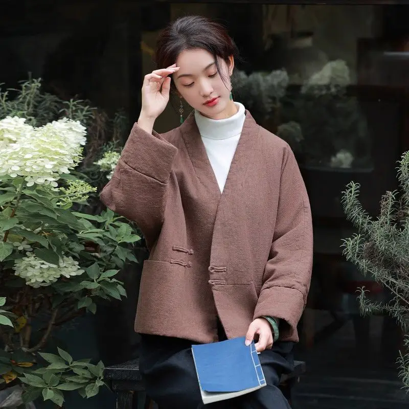 

Новинка 2025 года, зимняя теплая хлопковая куртка свободного покроя, женская модная хлопково-льняная куртка в китайском стиле, повседневная женская одежда