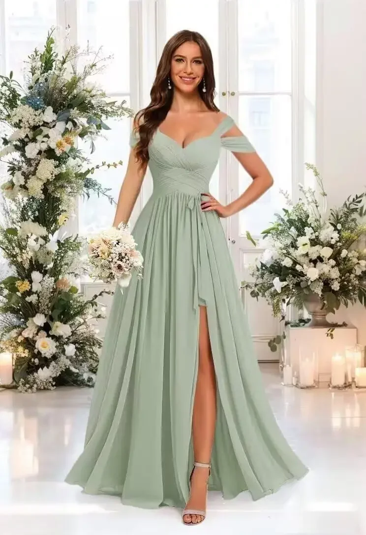 Vestido de dama de honor con hombros descubiertos y bolsillos de gasa con volantes y cuello en V, vestidos de noche formales con abertura, vestido de fiesta