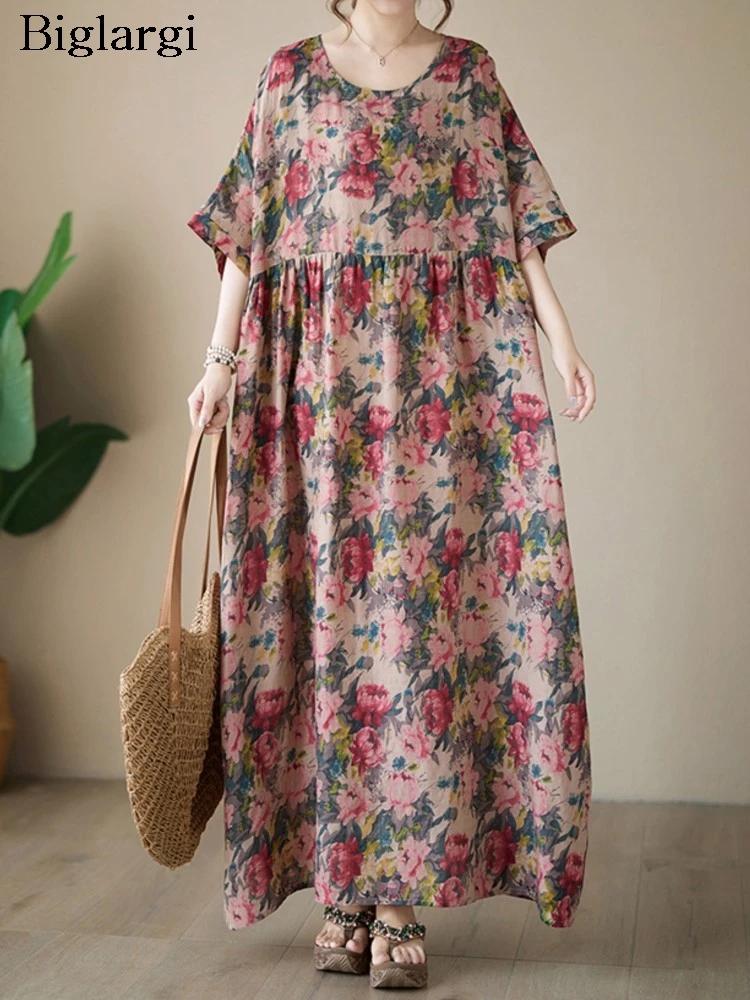 

Oversized Summer A-Line Dress Women Flower Floral Print Fashion Ruffle Ladies Dresses Casual Loose Pleated Woman Long Dress