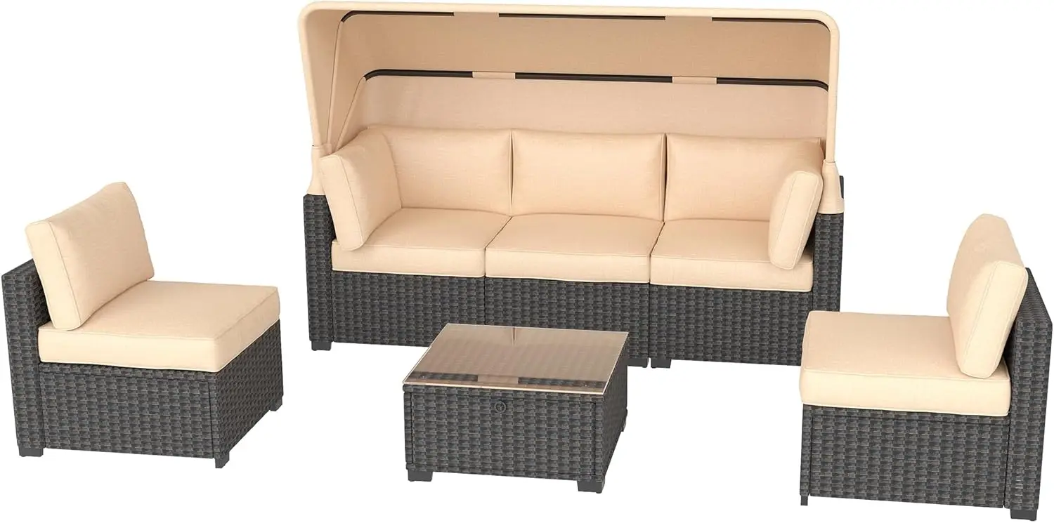 Patio Furniture Sets,5-Seat Sectional Furniture Set Daybed w/Adjustable Canopy and Backrest PE Ratten Outdoor Furniture