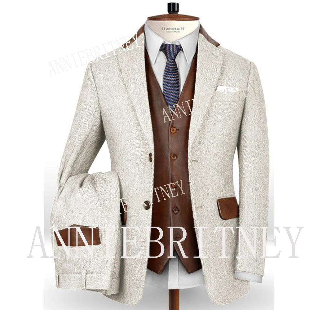 Vintage Tweed Suit For Men Slim Fit 3 Piece Blazer Set Leather Vest Herringbone Costume Homme Terno Masculino Custom Made Male