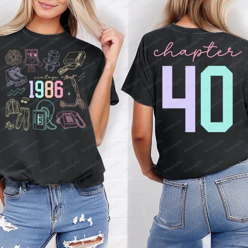 1986 40th Birthday T-Shirt Vintage Nostalgia Design Chapter 40 Celebration Casual Crewneck Cotton Tee Forty Bday Women Tops
