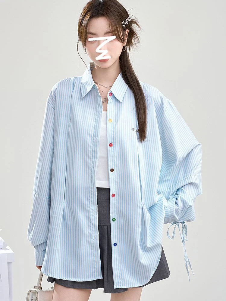 Chemise rayée à boutons de couleurs pour femmes, ample, doux, manches longues, chemisier élégant, mode coréenne, décontracté, surdimensionné, hauts mignons